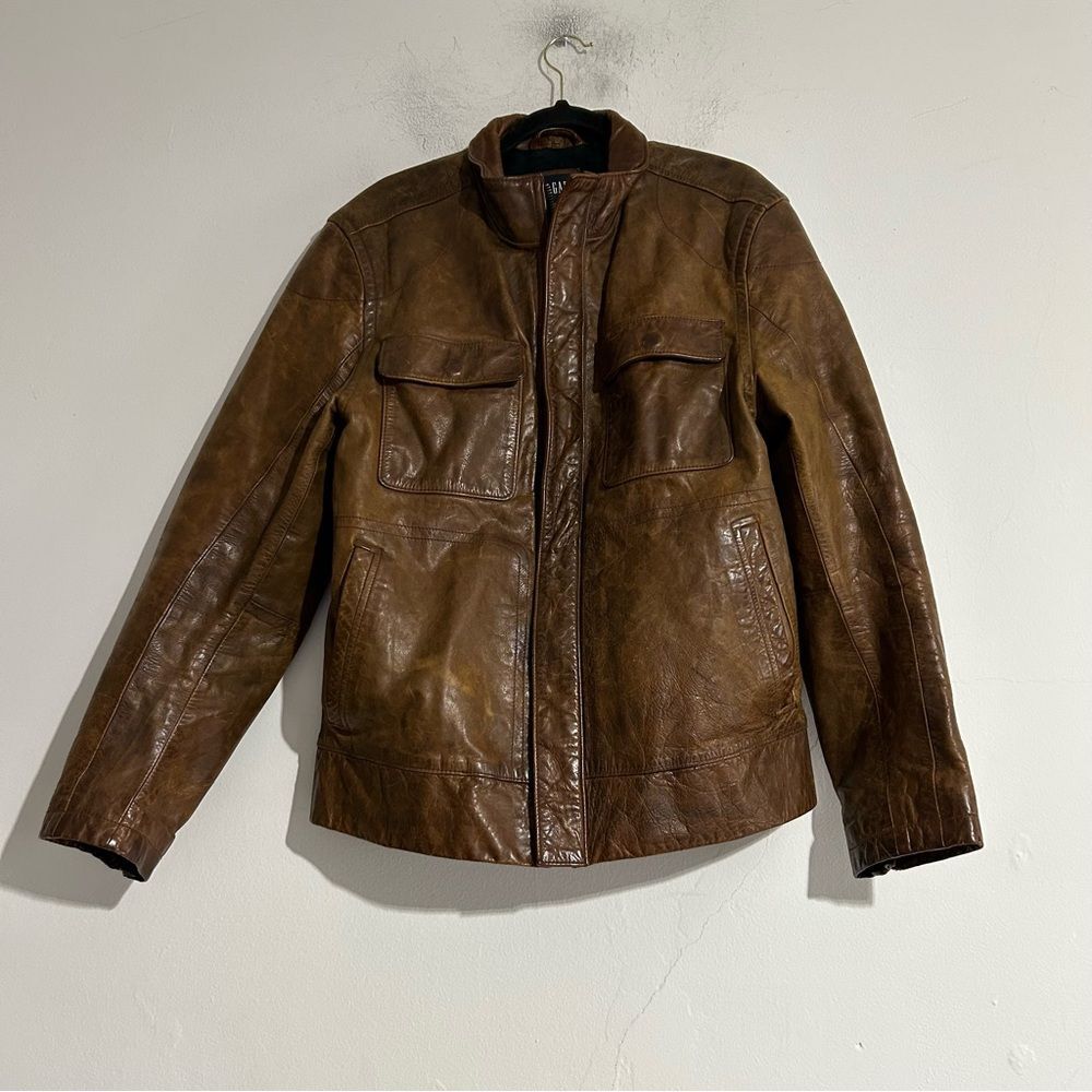 Gap 2007 Brown Genuine Leather Jacket Distressed Large Motorcycle Y2K Fall